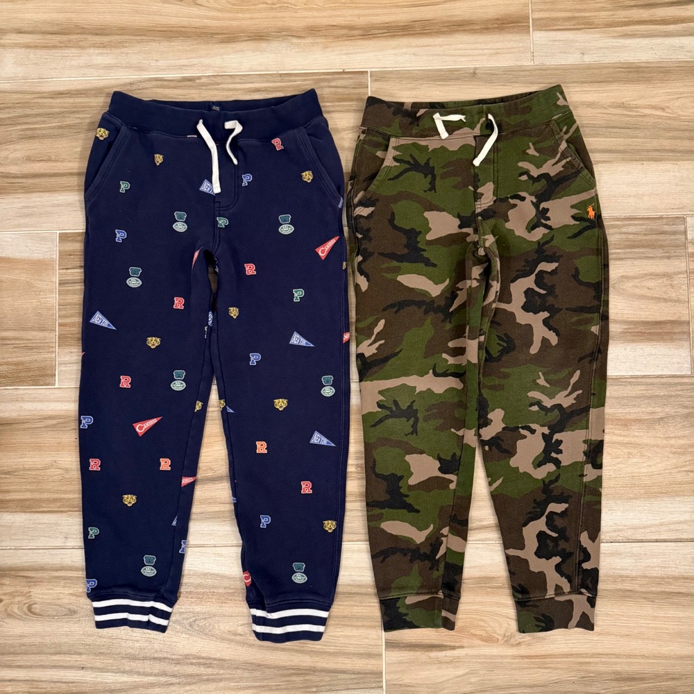 Polo Ralph Lauren Boys Joggers Lot 2 Navy Varsity Camo Sweatpants Size M 10-12